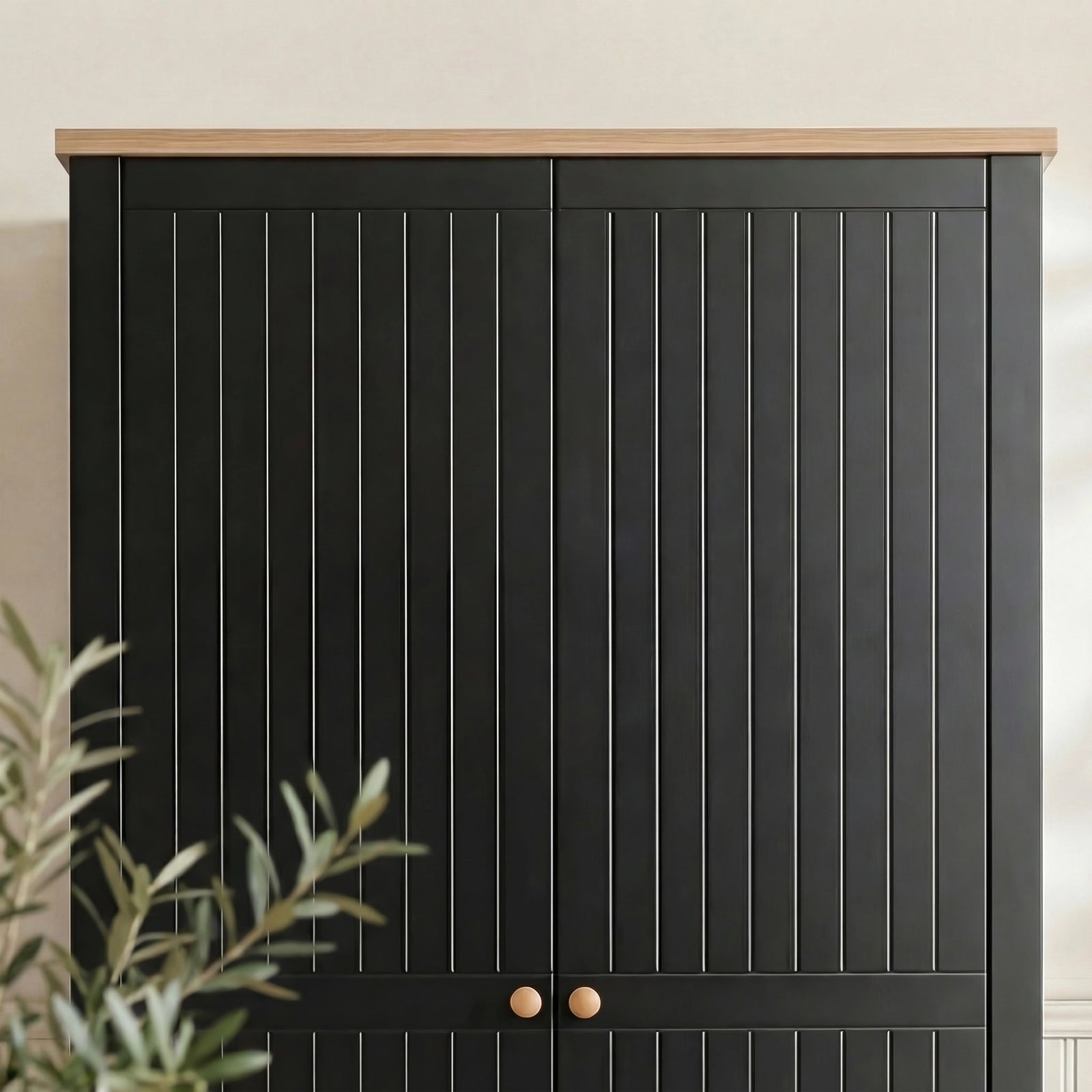 [Black] Linra 2 door wardrobe upper section, vertical grooved painted doors meeting oak veneer top