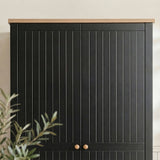 [Black] Linra 2 door wardrobe upper section, vertical grooved painted doors meeting oak veneer top