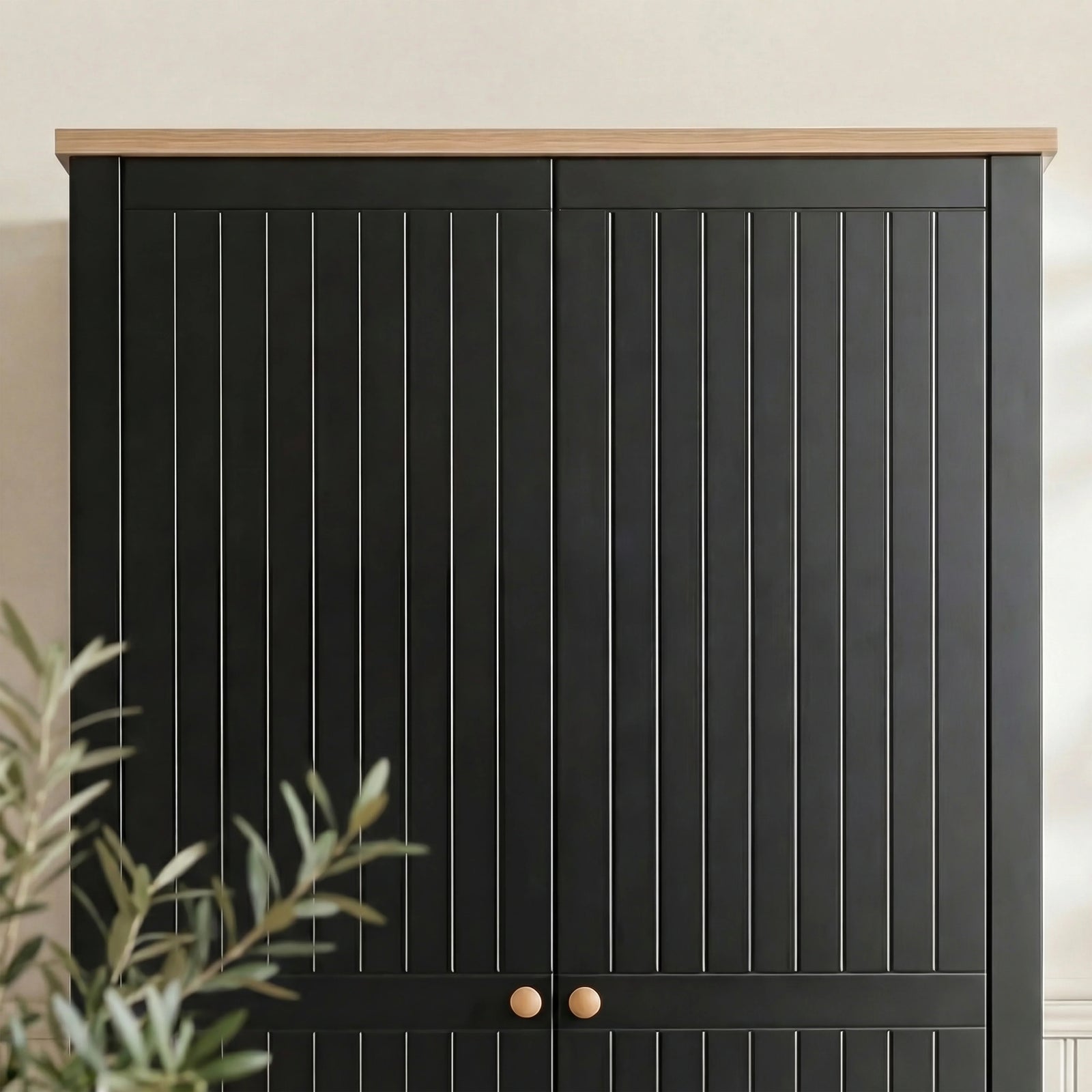 [Black] Linra 2 door wardrobe upper section, vertical grooved painted doors meeting oak veneer top