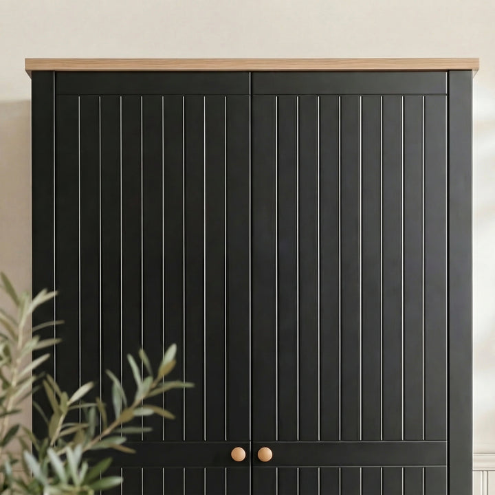 [Black] Linra 2 door wardrobe upper section, vertical grooved painted doors meeting oak veneer top