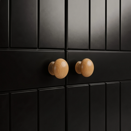 [Black] Paired oak knob handles on the Linra 2 door wardrobe, set on vertical grooved door panels