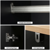[Black] Linra 2 door wardrobe hardware: brushed metal hanging rail, soft-close hinge and anti-tip kit