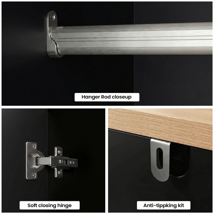 [Black] Linra 2 door wardrobe hardware: brushed metal hanging rail, soft-close hinge and anti-tip kit