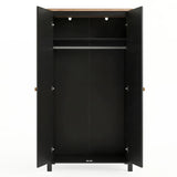 [Black] Empty Linra wardrobe shown open, internal shelf above, hanging rail below, painted carcass