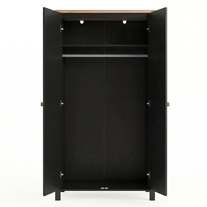 [Black] Empty Linra wardrobe shown open, internal shelf above, hanging rail below, painted carcass