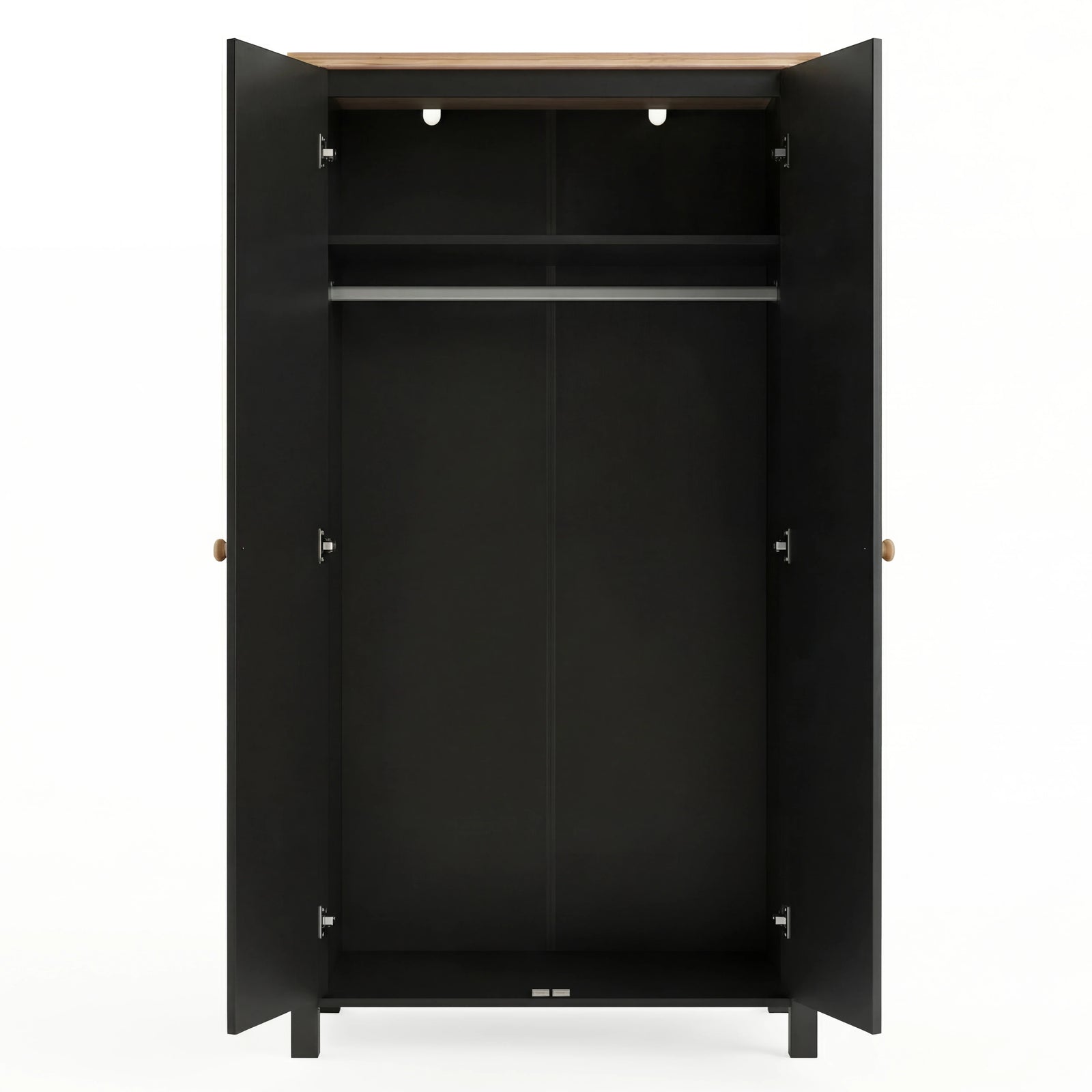 [Black] Empty Linra wardrobe shown open, internal shelf above, hanging rail below, painted carcass