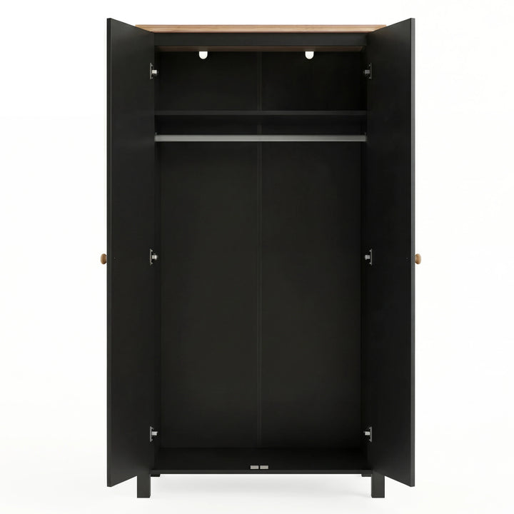 [Black] Empty Linra wardrobe shown open, internal shelf above, hanging rail below, painted carcass