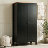 [Black] Linra 2 door wardrobe angled in neutral bedroom, grooved doors, oak top, paired wood knobs