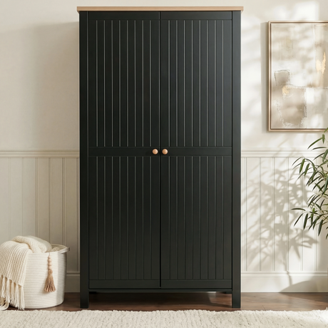 [Black] Linra wardrobe front view showing painted grooved panels, oak top and round wooden knob pair