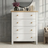 [White] Linra 4-drawer chest of drawers in a lifestyle setting with round mirror and plant on oak top