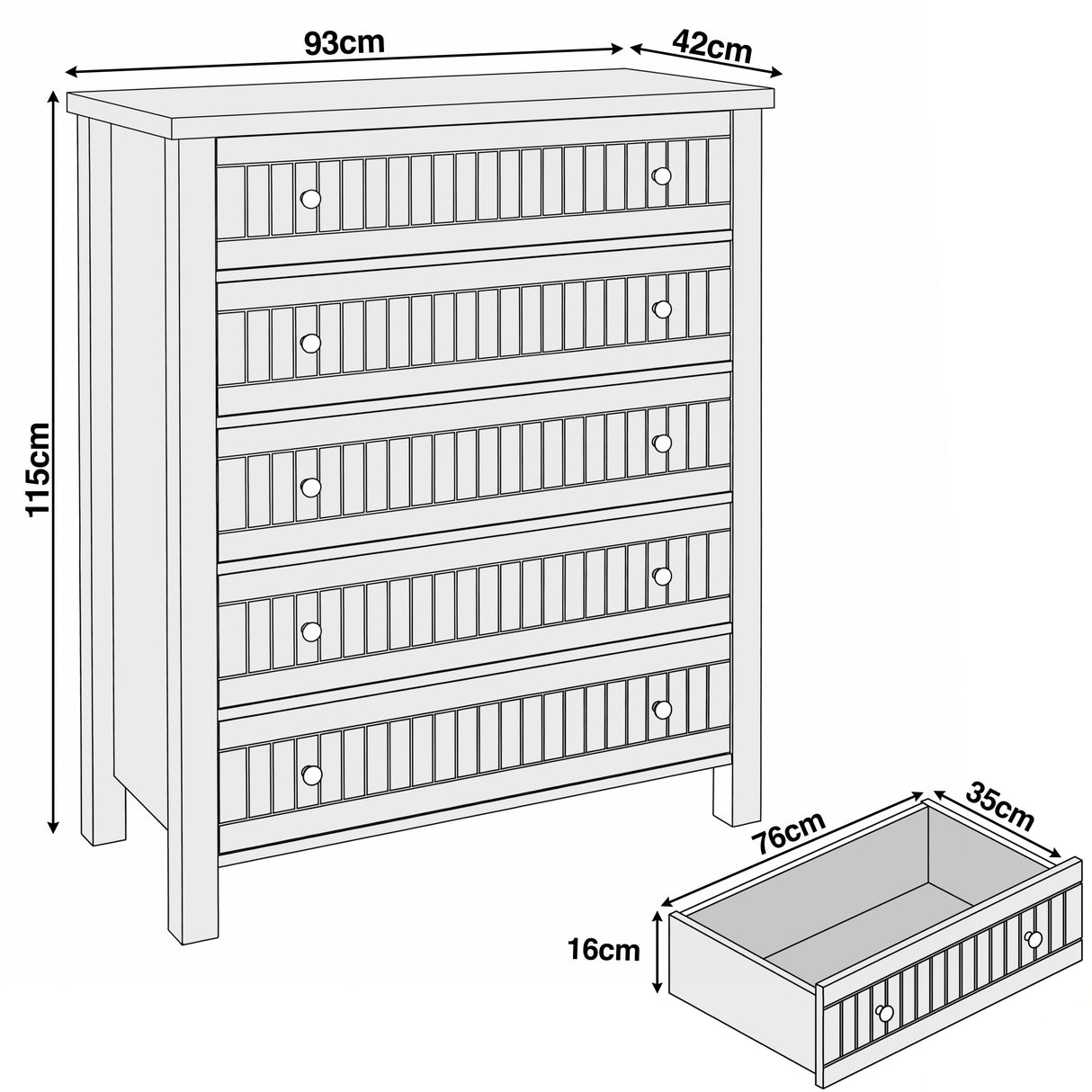 [White] Linra 5-drawer chest dimensions diagram showing W93cm x D42cm x H115cm with drawer depth measurements