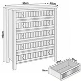 [White] Linra 5-drawer chest dimensions diagram showing W93cm x D42cm x H115cm with drawer depth measurements