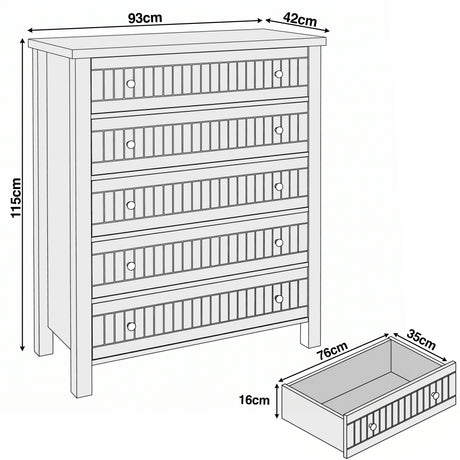 [White] Linra 5-drawer chest dimensions diagram showing W93cm x D42cm x H115cm with drawer depth measurements