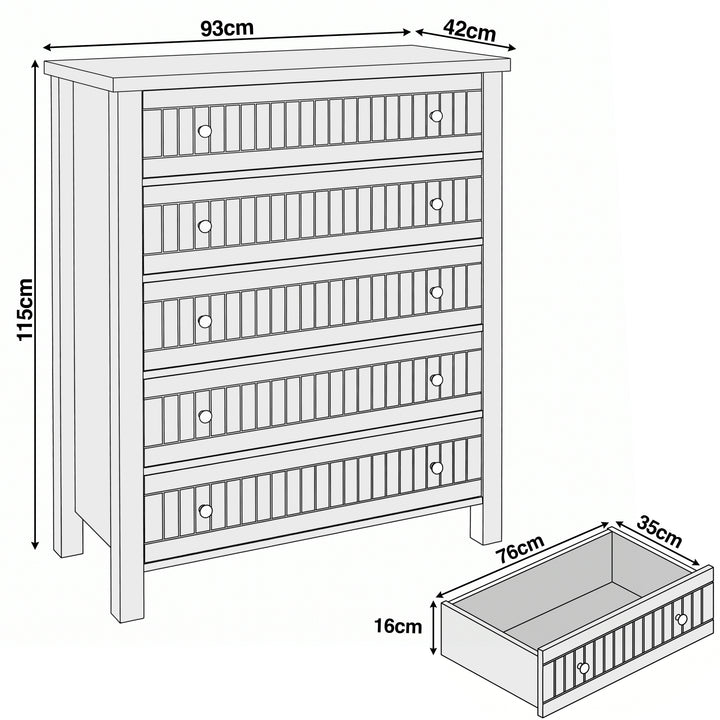 [White] Linra 5-drawer chest dimensions diagram showing W93cm x D42cm x H115cm with drawer depth measurements