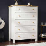[White] Linra 5-drawer chest main front view against dark wall with vase and accessories on oak veneer top