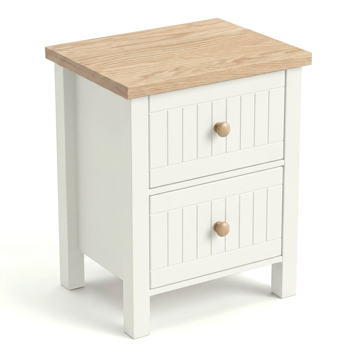 [White] Linra 2-drawer bedside table angled 3/4 view on white background showing depth and oak veneer top
