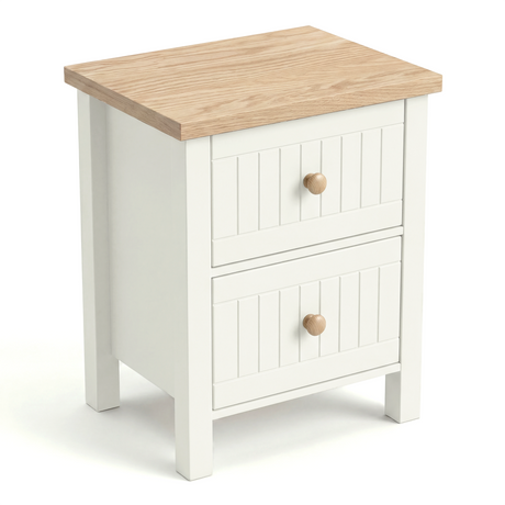 [White] Linra 2-drawer bedside table angled 3/4 view on white background showing depth and oak veneer top