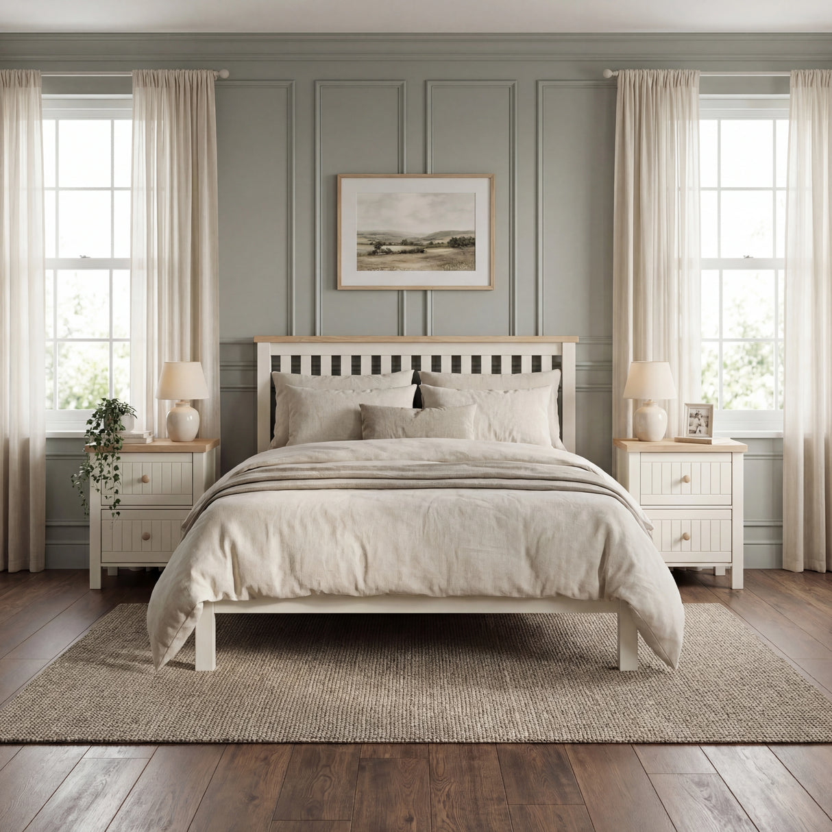 [White] Linra 2-drawer bedside table with both drawers open in a bedroom setting showing interior storage depth