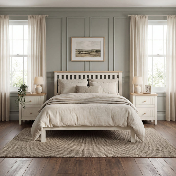 [White] Linra 2-drawer bedside table with both drawers open in a bedroom setting showing interior storage depth
