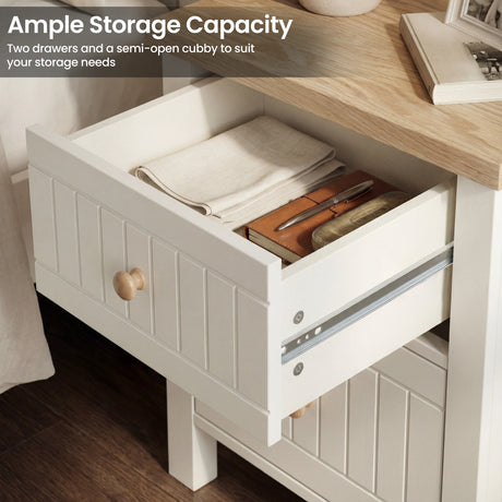 [White] Linra bedroom furniture set bedside with top drawer pulled out showing folded cloth and wooden items inside