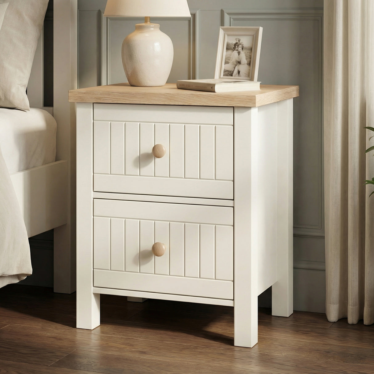 [White] Linra 2-drawer bedside table main front view showing full painted frame, drawers and oak veneer top