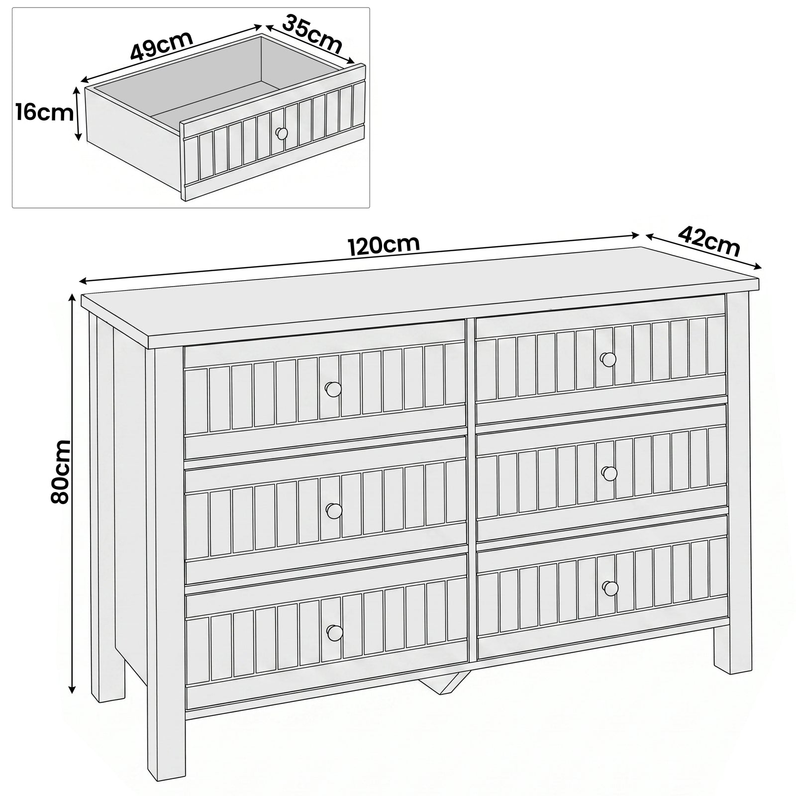 [White] Linra large 6 drawer chest dimensions diagram: 120 x 42 x 80 cm, drawer interior 49 x 35 x 16 cm