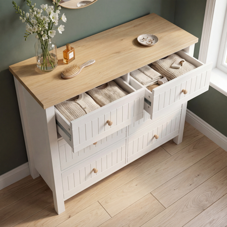 [White] Linra 6-drawer chest with top drawer open showing interior depth, accessories and candle on oak veneer top