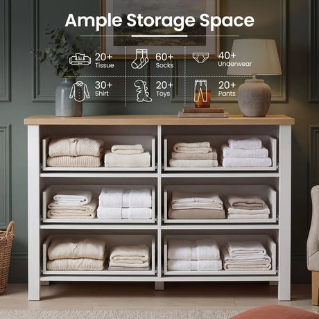 [White] Linra 6-drawer chest with drawers open showing interior storage capacity with feature annotation overlay