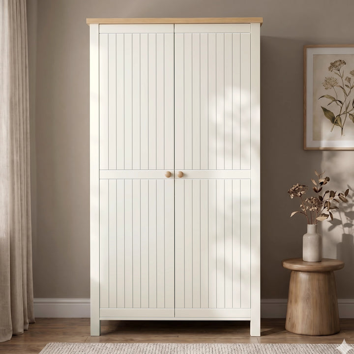 [White] Linra White Painted 3 Piece Bedroom Set - Oak Top closed wardrobe with a natural light wood top.