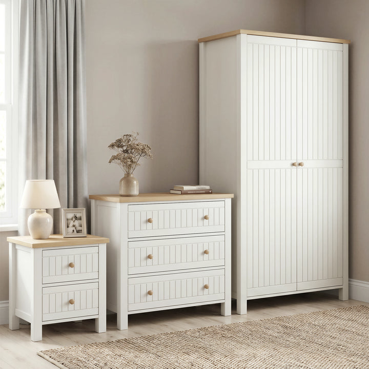 [White] Linra White Painted 3 Piece Bedroom Furniture Set - Oak Top showing the wardrobe, chest, and bedside.