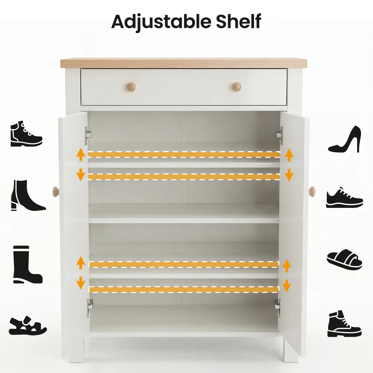 [White] Linra White 4 Tier Shoe Storage Cabinet adjustable shelf diagram with orange arrows showing height positions and shoe type icons for boots heels wellies and trainers