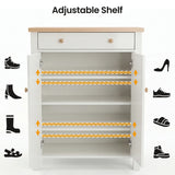 [White] Linra White 4 Tier Shoe Storage Cabinet adjustable shelf diagram with orange arrows showing height positions and shoe type icons for boots heels wellies and trainers