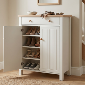 [White] Linra White 4 Tier Shoe Storage Cabinet angled with left door open showing four shelves of heels boots and trainers and oak top styled with bowl scarf and sunglasses