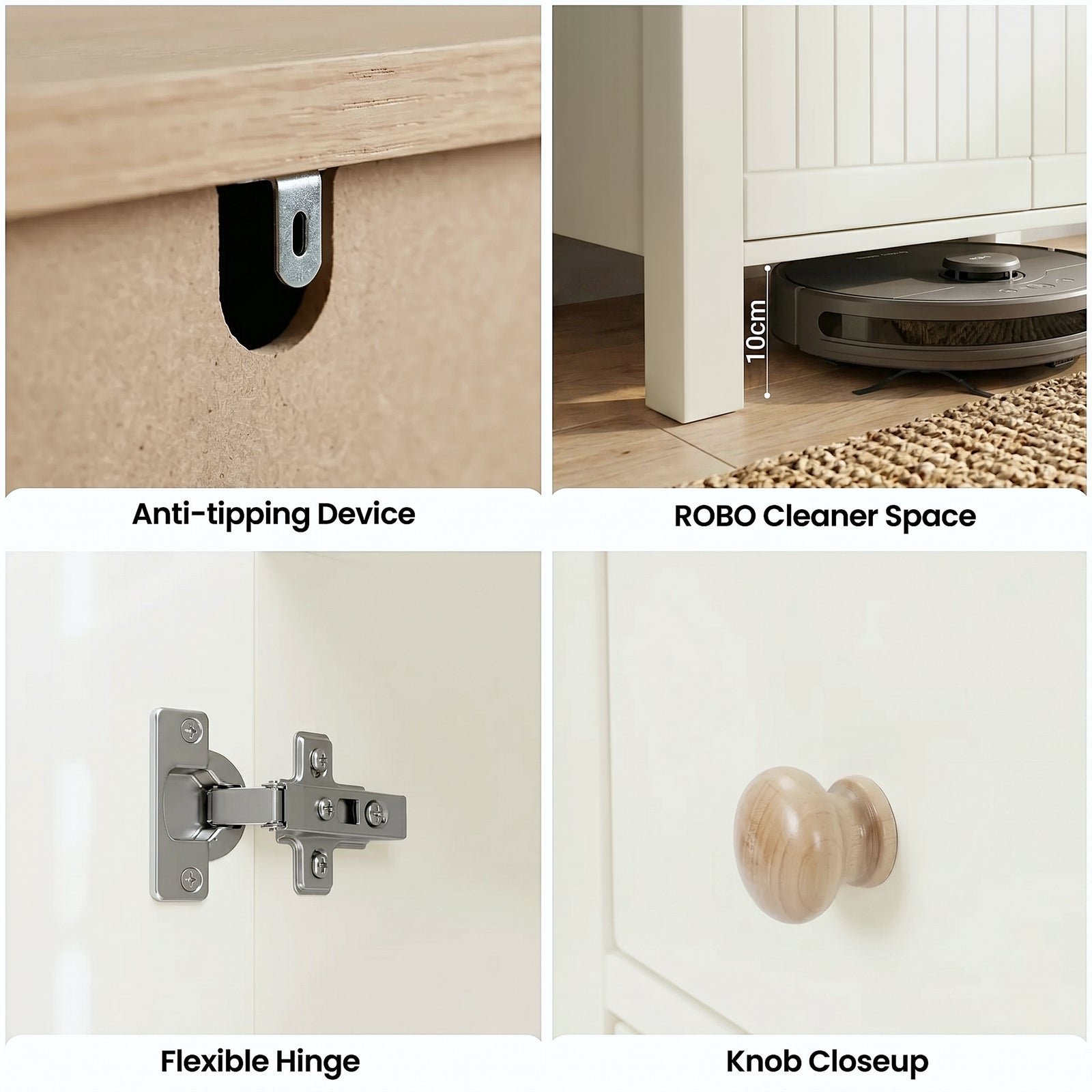 [White] Linra White 4 Tier Painted Shoe Storage Cabinet multi-panel detail image showing the anti-tipping device, a 10cm robot vacuum clearance, a flexible metal hinge, and a wooden knob close-up