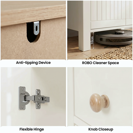 [White] Linra White 4 Tier Shoe Storage Cabinet four-panel hardware detail showing anti-tipping bracket, 10cm robot cleaner clearance, soft-close hinge, and natural wood knob