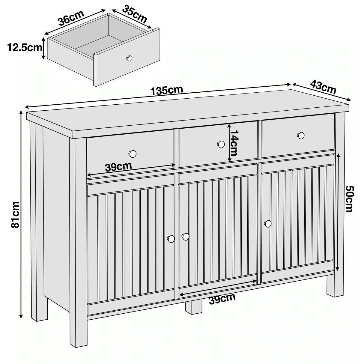 [White] Linra 135cm sideboard dimensions diagram showing width, depth and height measurements with door detail