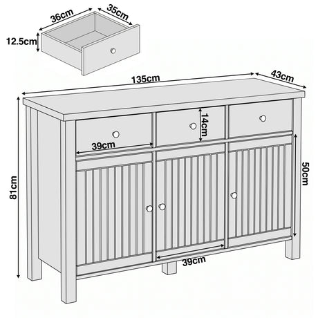 [White] Linra 135cm sideboard dimensions diagram showing width, depth and height measurements with door detail