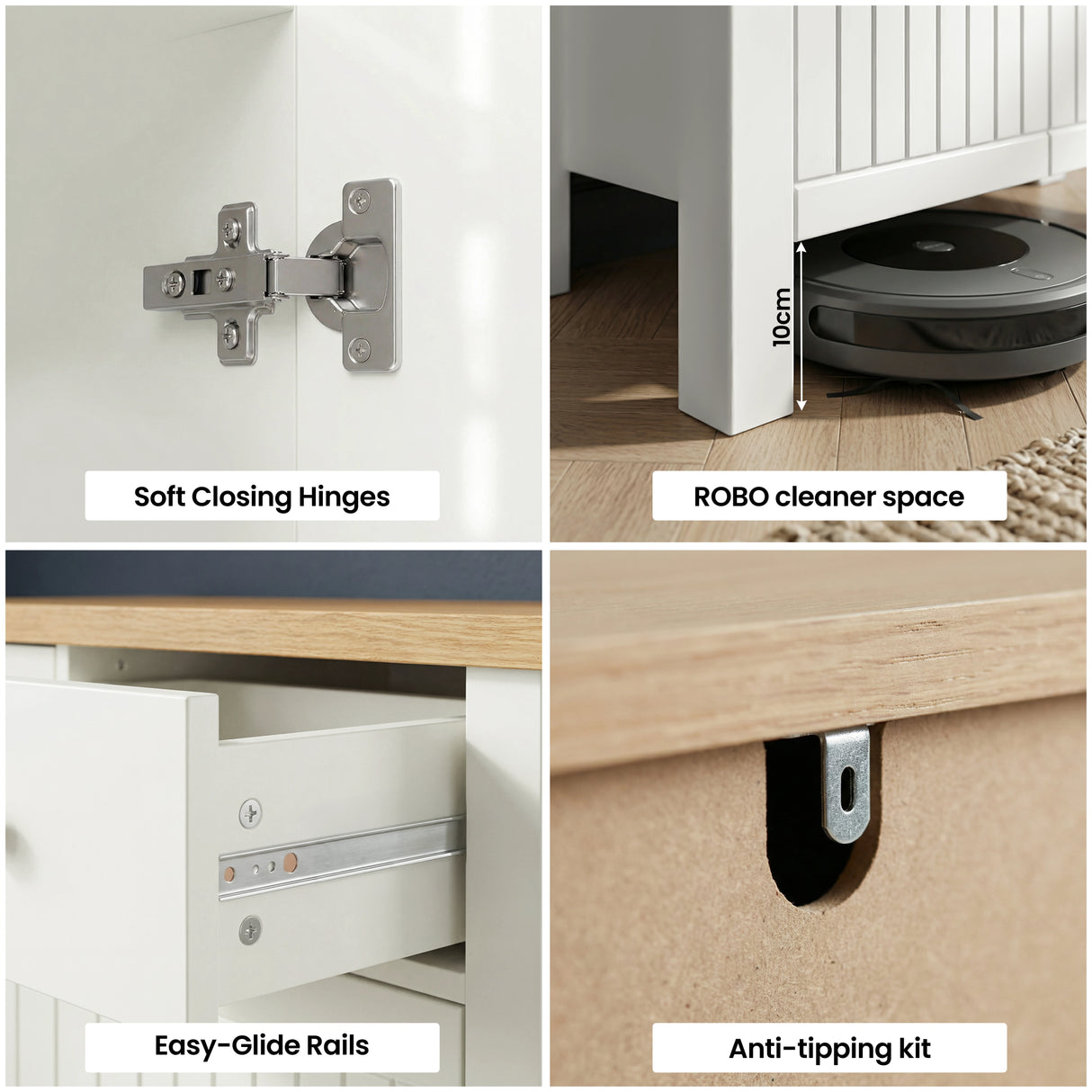 [White] Linra 135cm sideboard detail showing soft-close hinge hardware and cable routing hole with text overlay