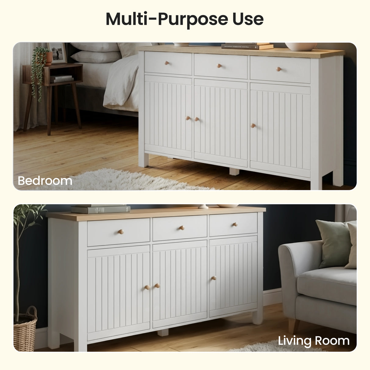 [White] Linra 135cm sideboard in a bedroom setting showing multi-purpose use with feature annotation text overlay