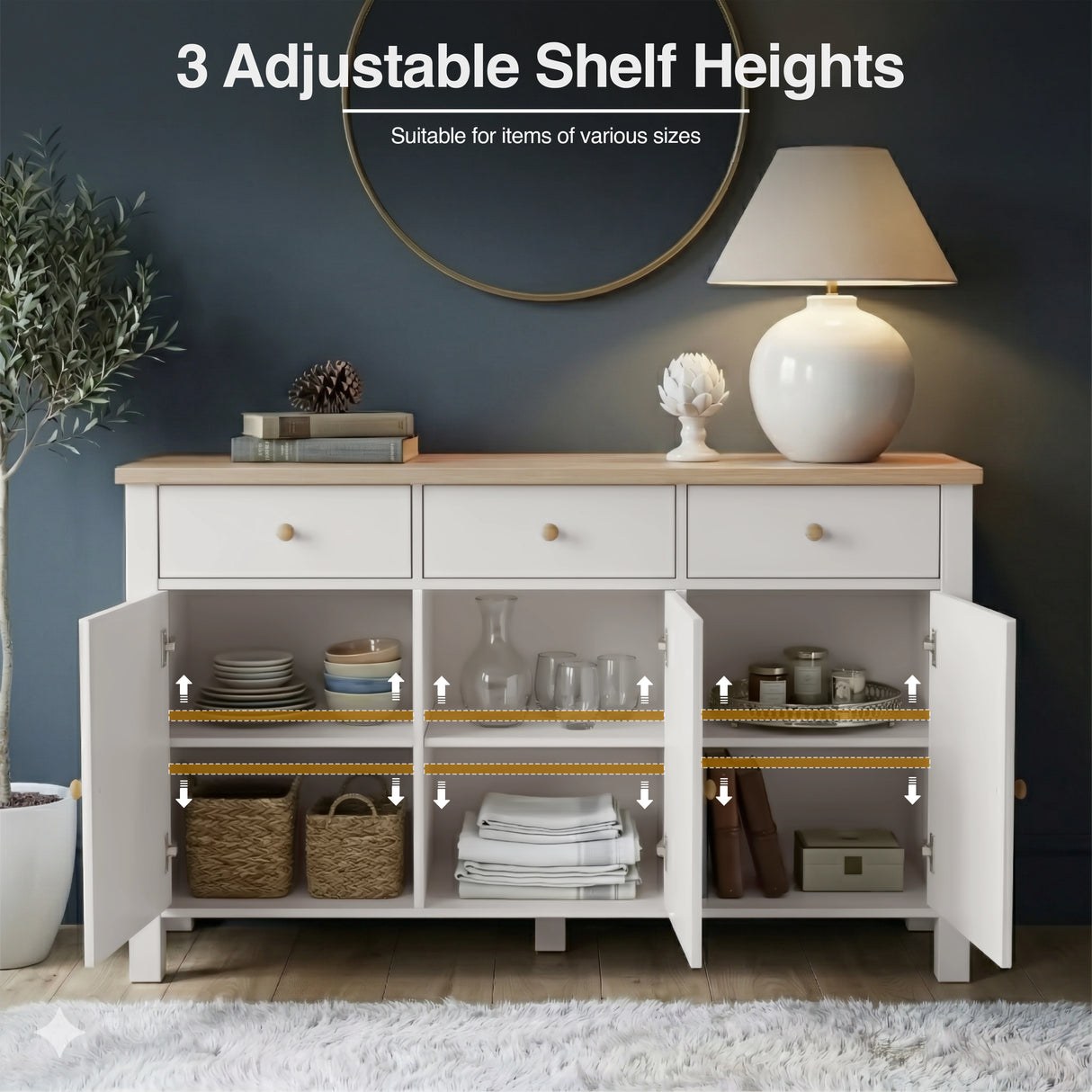 [White] Linra 135cm sideboard with doors open showing 3 adjustable shelf heights with feature annotation overlay