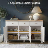 [White] Linra 135cm sideboard with doors open showing 3 adjustable shelf heights with feature annotation overlay