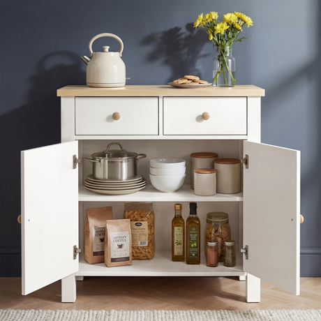 [White] Linra 80cm sideboard with top drawer open showing interior depth and oak veneer top surface close-up