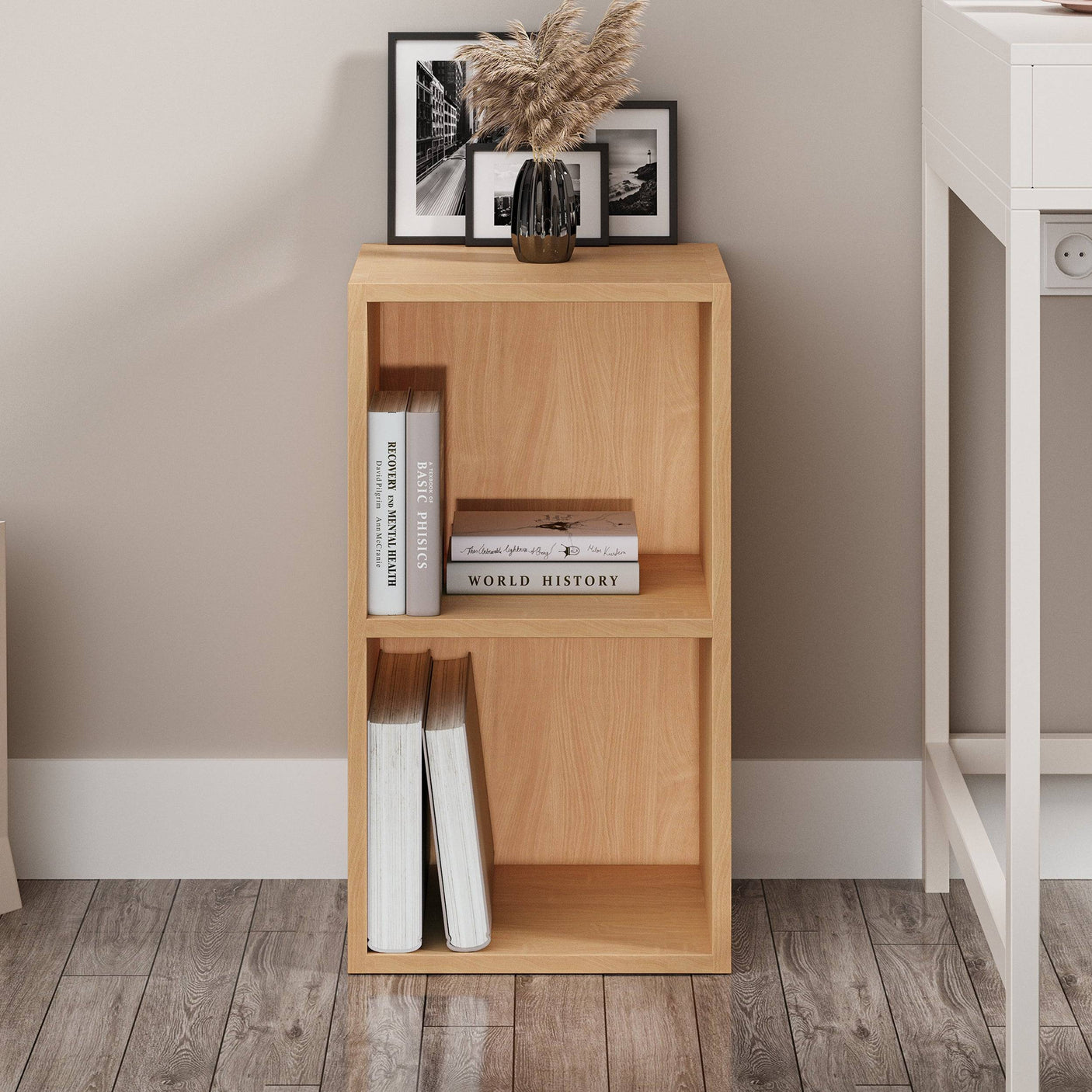 Natural wood Blisswood 2 shelf bookcase styled in a modern home office, ideal for books and decor.
