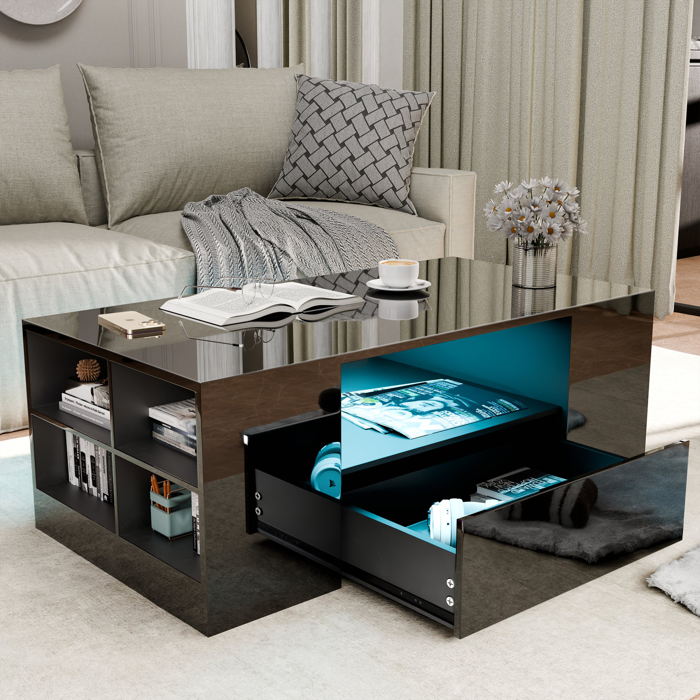 High Gloss Coffee Table With Storage & LED Lights