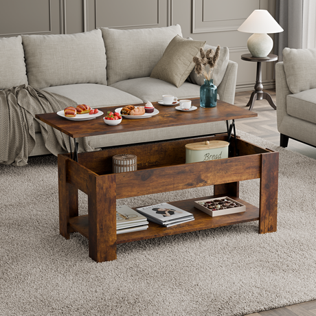 Living room modern coffee table for living room with a rustic finish, lift-top feature.