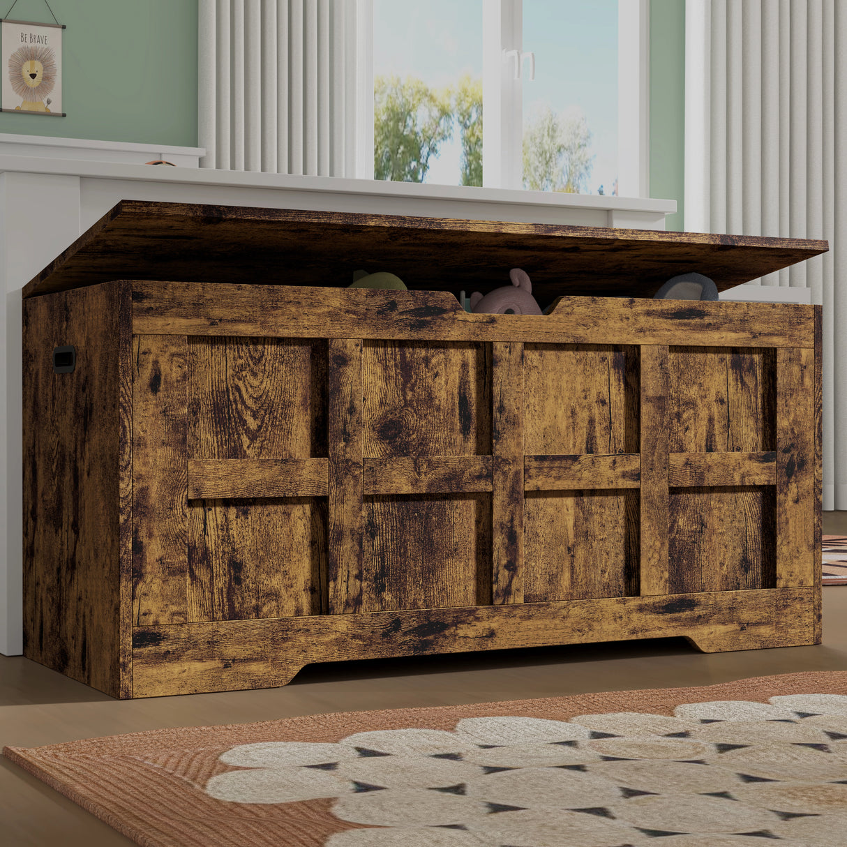 Storage Chest - Shaker Style Blanket or Toy Box With Lid & Safety Hinges in rustic wood finish, ideal for kids' toys or bedroom blanket storage.