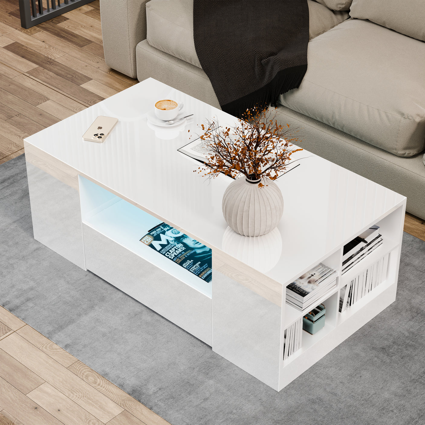 High Gloss Coffee Table With Storage & LED Lights