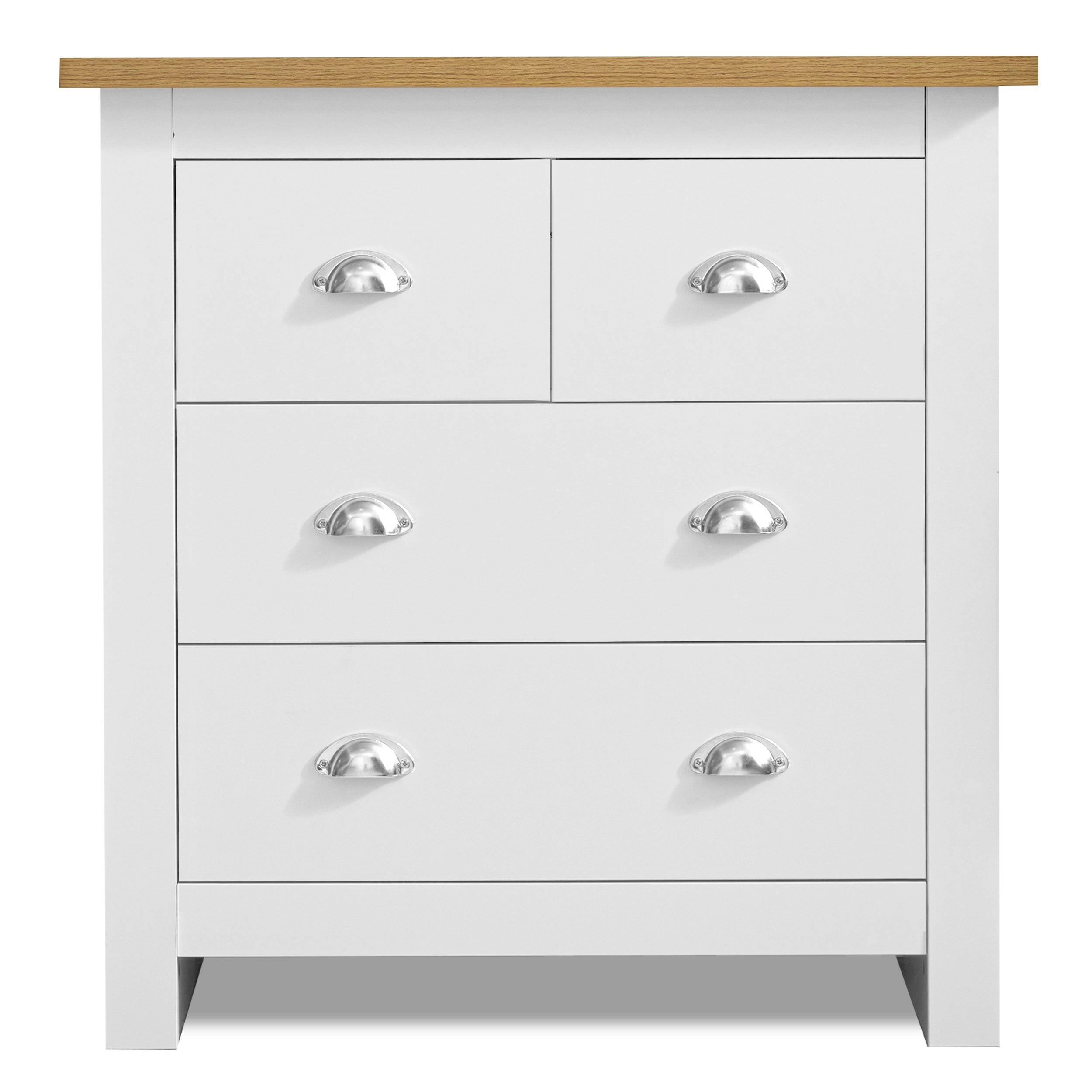 Long white chest of drawers with oak top, elegant and spacious bedroom storage unit.