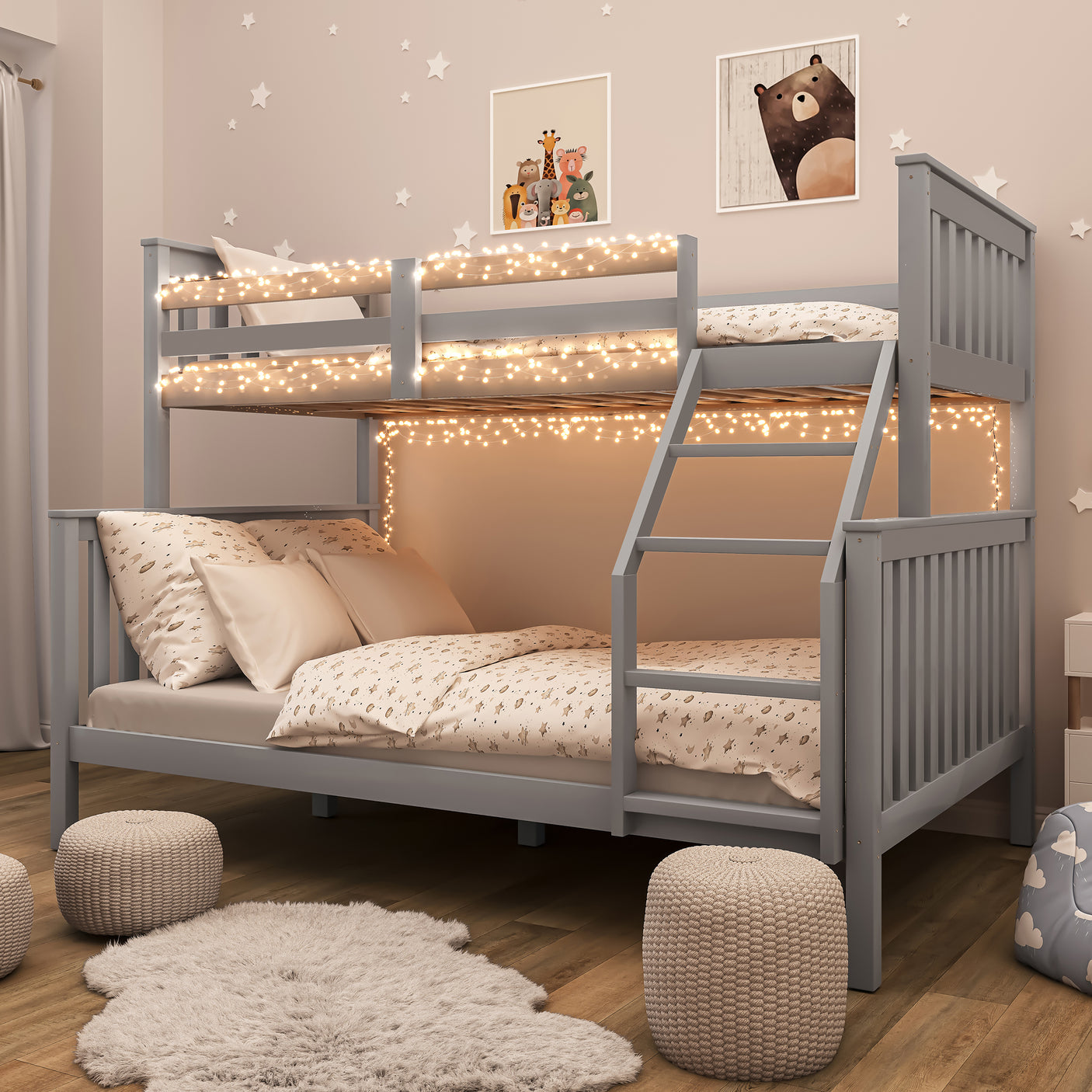 Grey triple bunk bed for kids with fairy lights, featuring a double bottom and single top bed, perfect for cozy shared bedrooms.