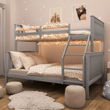 Grey triple bunk bed for kids with fairy lights, featuring a double bottom and single top bed, perfect for cozy shared bedrooms.